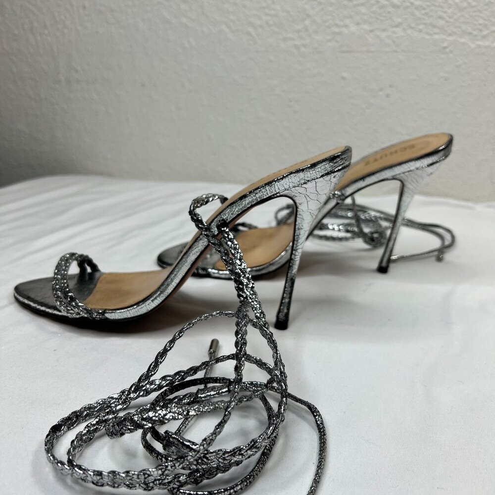 Schutz Silver Snake Strappy Heel Stiletto Sandals Ankle Wrap Metallic 10 - Picture 8 of 9